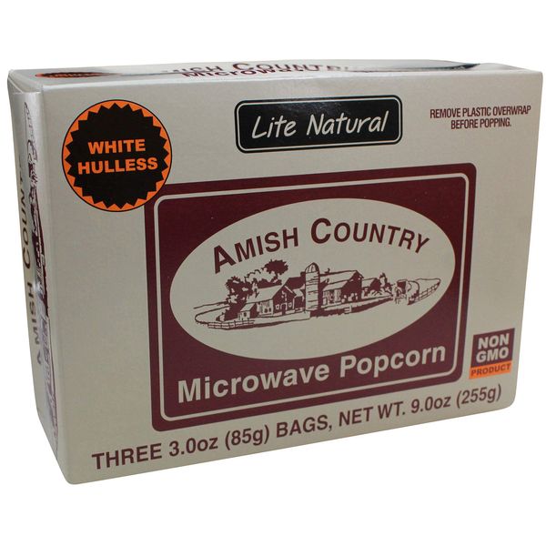 Amish Country Popcorn | Old Fashioned Microwave Popcorn | Non-GMO, Gluten Free, Microwaveable and Kosher (Lite Natural White Hulless, 3 Bags)