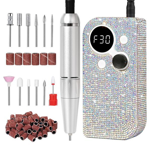 CHRISTINE SHELLY Professional Electric Nail Drill, Rechargeable Sparkly Nail Drill for Acrylic Nails, Cordless Portable Nail Drill Kit with Drill Bits and Sanding Bands for Manicure Pedicure, Diamond