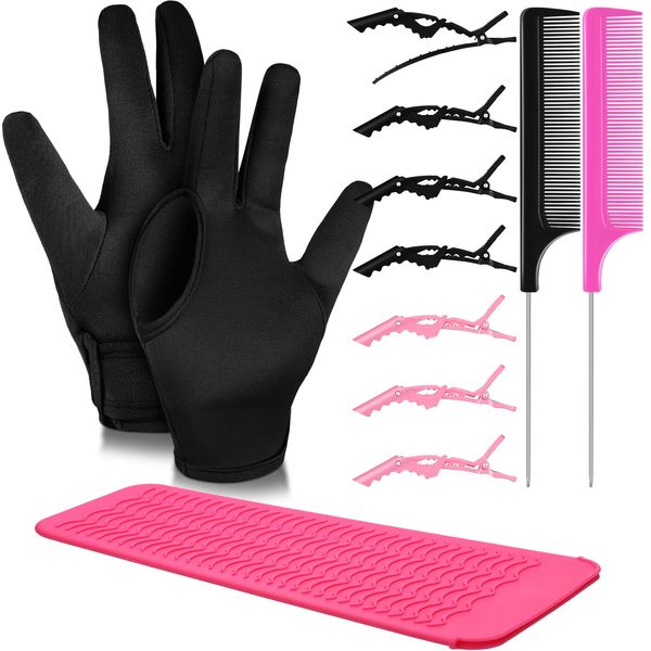 Heat Gloves for Hair Styling 3 Finger Heat Resistant Gloves Mittens Silicone Heat Mat Pouch 6 Pcs Hair Clips and 2pcs Styling Comb for Curling Iron Wands