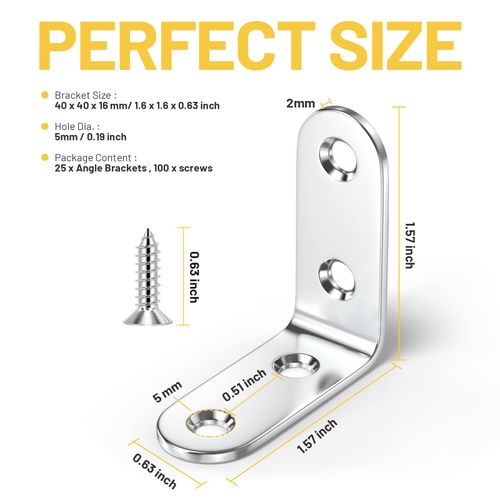 Teenitor 25 Pcs Corner Bracket - 40x40mm 90 Degree Right Angle Brackets Fastener Stainless Steel L Shaped Corner Braces with 100 Pcs Screws Brace Corner Steel Joint Silver
