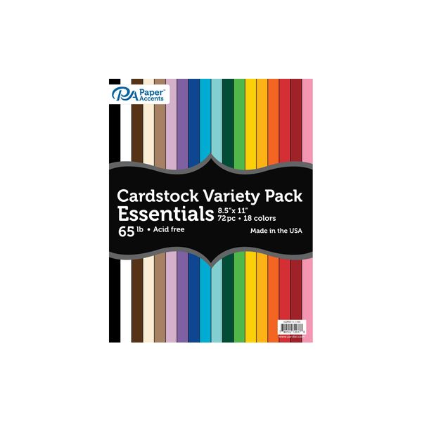 Paper Accents Variety Pack 8.5" x 11" 72pc 65 lb Essential Colored Cardstock Paper, 4 Sheets Each of 18 Colors Include: White, Black and Shades of Brown, Purple, Blue, Green, Yellow, and red.