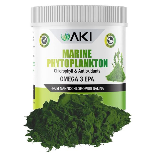 AKI Marine Phytoplankton Powder | Source of Raw Omega-3 EPA Micro Algae Nannochloropsis - Plant Based Proteins, Vitamins for Overall Wellness | Complete Protein Source, Vegan & GMO Free (2 Oz / 57G)