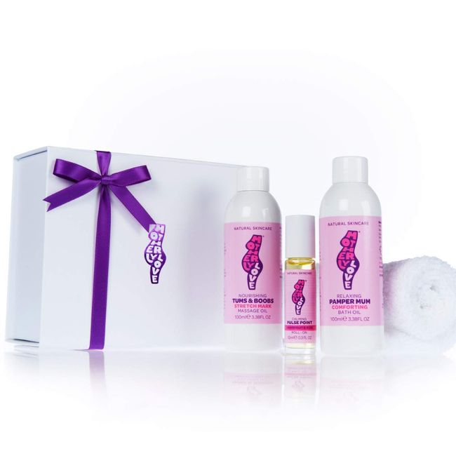 Motherlylove MOTHERS PAMPER Gift Set | 100% Natural & Vegan: Stretch Mark Oil, Bath Oil & Pulse Point | Made in UK by an Expert Midwife