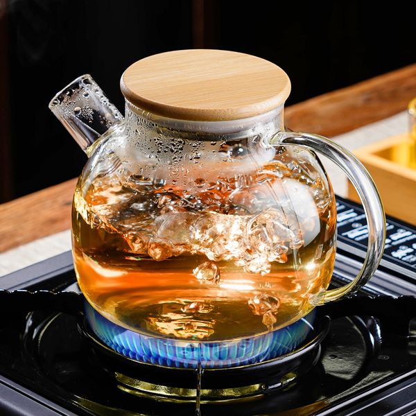 PARACITY Glass Teapot Stovetop 34 OZ/1000ml, Borosilicate Clear Tea Kettle with Bamboo Lid, Glass Tea pot with Removable Filter Spout, Teapot Blooming and Loose Leaf Tea Maker Tea Brewer for Camping