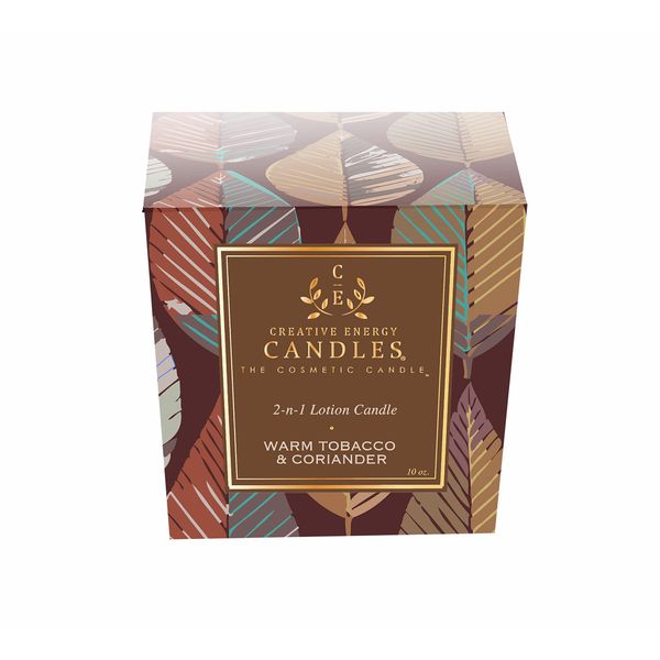 Creative Energy Candles Lotion Candle - Warm Tobacco & Coriander Scented Massage Candles for Self Care, 10 Oz. Soy Wax Candle with Essential Oil Blends, Coconut Oil, and Vitamin E, 55 Hour Burn Time