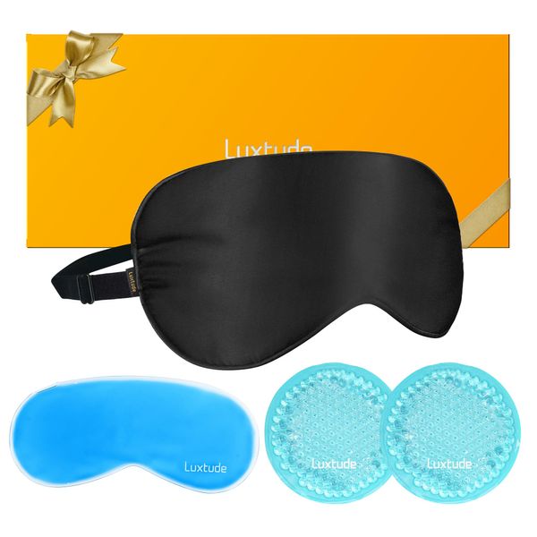 Luxtude 100% Silk Sleep Mask with Hot & Cold Gel Eye Mask Ice Pack for Dry Eyes/Dark Circles/Puffiness, Satin Eye Mask for Sleeping Blackout, Travel Blindfold Eye Shade Cover