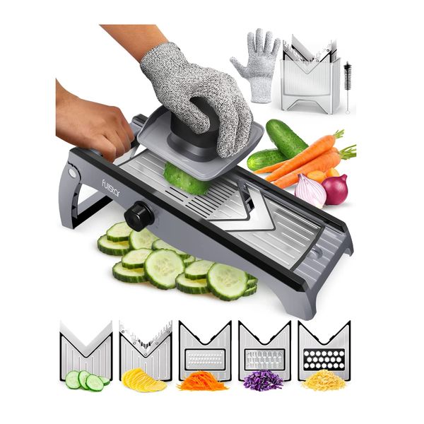 Fullstar 7-in-1 Stainless Steel Mandoline Slicer for Kitchen, Vegetable Slicer, Veggie Chopper & Cheese Grater, Meal Prep Food Storage Container Anti-slip Base & Protective Glove Included - Silver