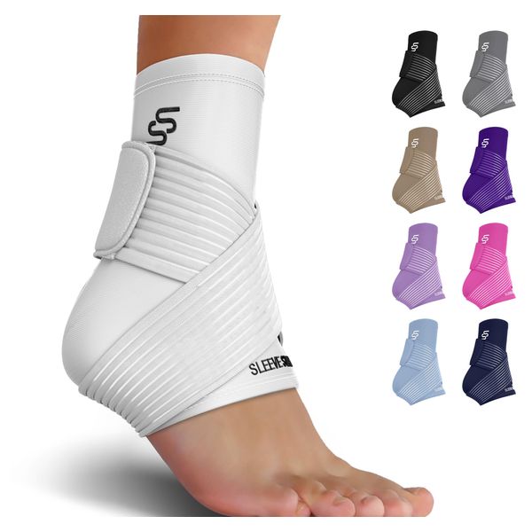 Sleeve Stars Ankle Brace for Sprained Ankle, Plantar Fasciitis Relief Ankle Support for Women, Ankle Compression Sleeve w/ Strap (Pair/White)