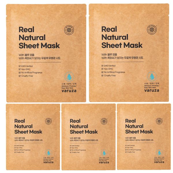 varuza K-Beauty Real Natural Sheet Mask with Blue Ampoule with Unbleached & Non-fluorescent sheet EWG Verified Non-GMO Cruelty Free No Artificial Fragrance Firming Even Skin Tone(5 PACK, BLUE AMPOULE)