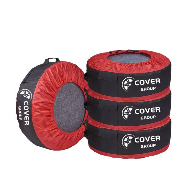 COVERGROUP Tire Cover, Tire Bag, Tire Tote, Set of 4, with 4 Felt Pads, Tire Storage, Tire Storage, Outdoor, UV Protection, Easy to Carry, Storage Pocket, Suitable Size: (Approx.) Diameter 55cm to 78cm, Maximum Tire Width: 26cm (Red &amp; Black)