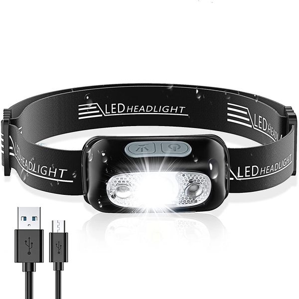 Babacom Head Torch, Rechargeable Super Bright LED Headlamp-250 Lm, Motion Sensor, IPX6 Waterproof, 5 Light Modes, Adjustable Angle&Strap, Led Head Torch for Running Camping & Hiking Torch Accessories