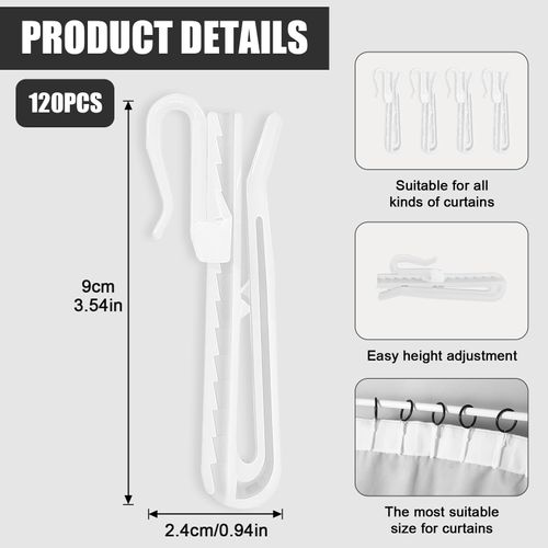 120 Pcs Plastic Curtain Pleat Hooks Clips, White Adjustable Pinch Pleat Hooks with Ratchet System 90mm Curtain Pins for Drapes, Door Curtains, Shower Curtains