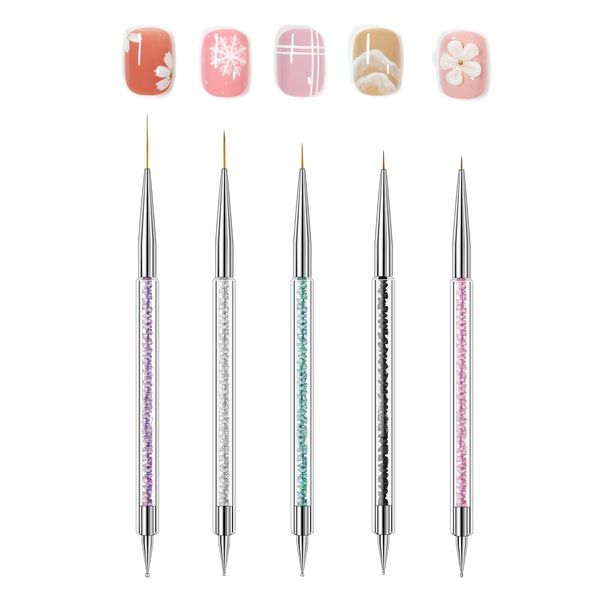 5pcs Thin Nail Art Liner Brushes, Function Nail Brush for Dotting Drawing, Double Ended Dotting Tools Set for DIY Nail Art Designs