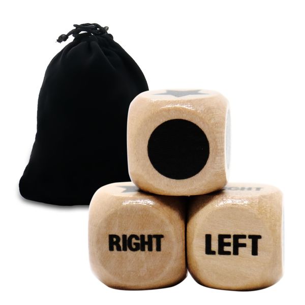 Left Right Center Game Dice 16mm Wooden Dice with Drawstring Bag,Standard Size 6 Sided Left Right Center Dice for Left Right Center Game Dice Accessorie,Easy to Store and Carry (Upgraded 3 Pcs dice)