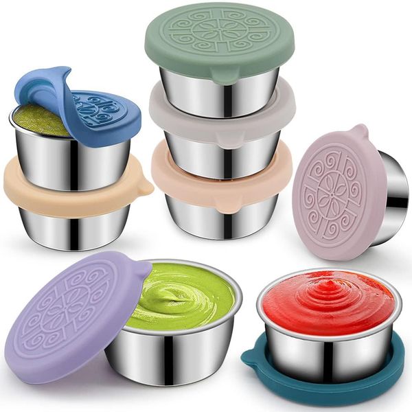 8Pcs Salad Dressing Container To Go|1.7oz Small Stainless Steel Condiment Containers Cups with Silicone Lids for Lunch Bento Box|Round Storage Containers|Small Sauce Pots for Sauce,Dips,Ice Cream