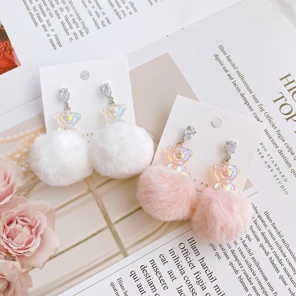 Hologram Teddy Bear Fluffy Pom Pom Silver Needle Drop Earrings