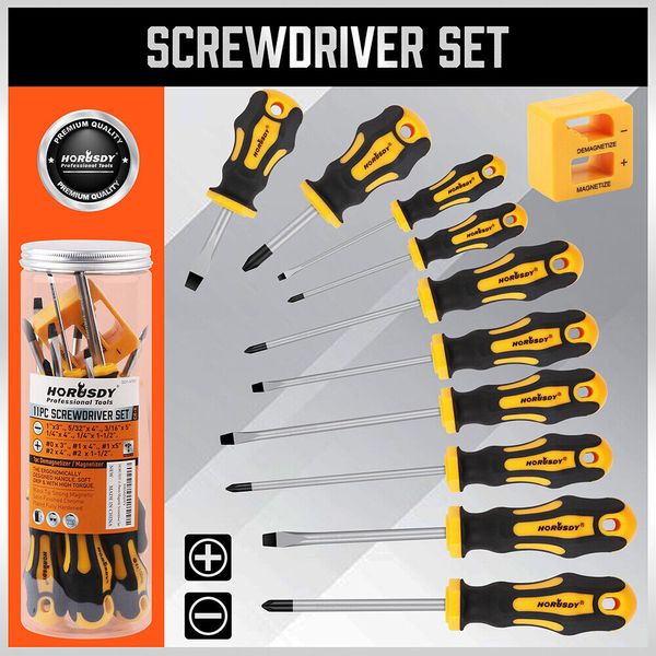 HORUSDY 11-Piece Magnetic Screwdriver Set Phillips Flat Head Tip Magnetizer Tool