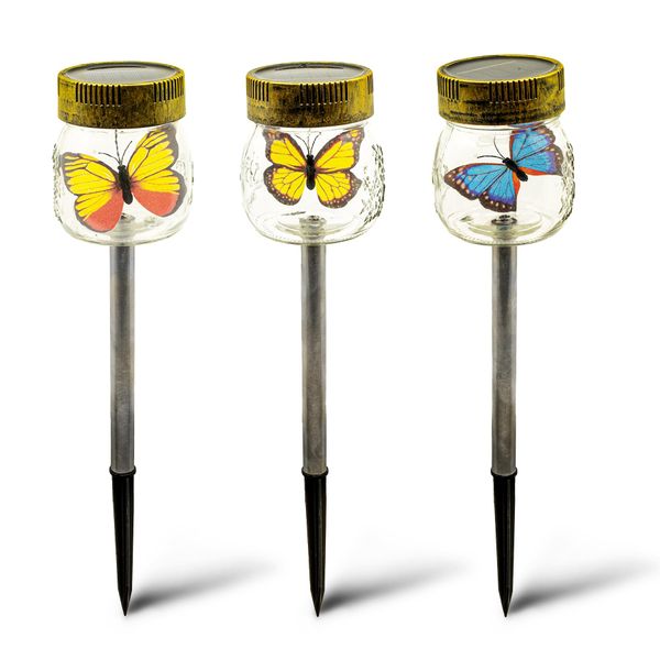 Crosslight Solar Butterfly Jar Stake Lights - Waterproof Powered LED, Decorative Glass Outdoor Lighting for Garden, Yard, Lawn, Backyard, Pathway | 3 Pack