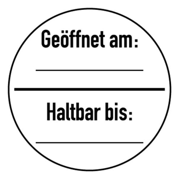 100 Stück – Prüfplakette beschriftbar „Geöffnet am | Haltbar bis“ Etikett Folie Aufkleber, s/w | Ø15-40mm Made in Germany, Größe: Ø20 mm