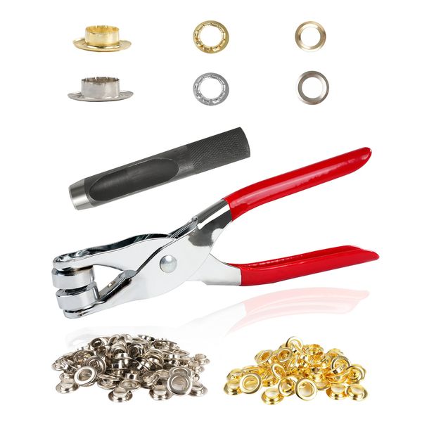 150Pcs 1/2 Inch Grommet Tool Kit, Grommet Kit, Eyelet Kit with Leather Hole Punch Pliers, 150 Metal Eyelets and Grommets in Gold and Silver for Leather, Shoes, Fabric, Belt