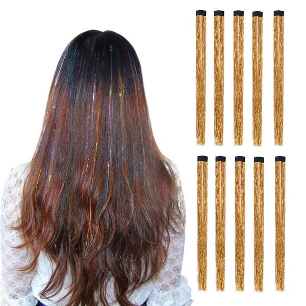 LiaSun 10Pcs/set Highlight Glitter Tinsel Hair Extensions Clip In - Colored Party Sparkling & Shiny Hair Extensions - Multi-Colors Hair Streak Bling Hairpieces (Champaign Gold)