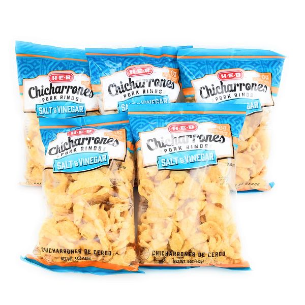 HEB Chicharrones Pork Rinds SALT & VINEGAR Flavor (Pack of 5) | Keto Snacks, Low Carb, High Protein, Gluten Free | Large 5oz Bags