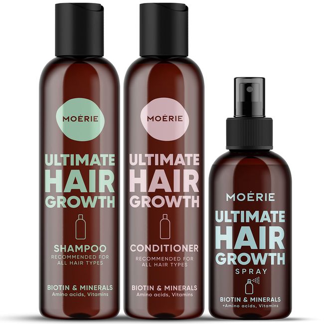 MOERIE Shampoo Set 3-teilig - Shampoo gegen Haarausfall, Conditioner & Haarwachstum Serum - natürliches Haarwachstum beschleunigen - Veganes Haarwuchsmittel Frauen & Männer - 77 Mineralien & Coffein