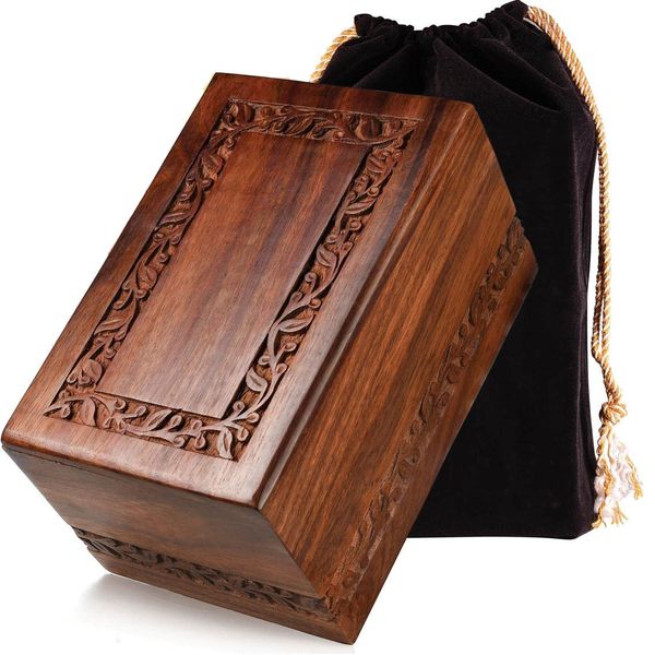 SOULURNS - Border Engraved Rosewood Cremation Urns for Human Ashes Adult Male Female - Wooden Decorative Urns Box and Casket for Men Women Child - Burial Urn for Adults with Velvet Bag