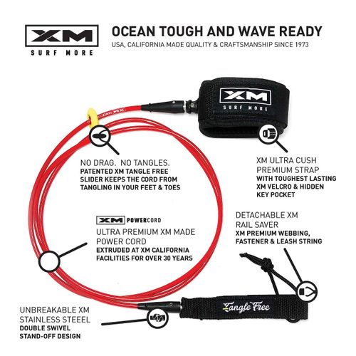 XM SURF MORE Big Wave 8ft Surfboard Leash with Tangle Free Upgrade, Cord Thickness (.313in), Key Pocket, Unbreakable Swivels, Detachable Railsaver, Made in USA