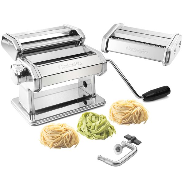 Pasta Maker Machine By Cucina Pro - Heavy Duty Chrome Coated Steel Construction with Fettucine and Spaghetti Attachments, Rollers w/Adjustable Thickness Settings, Manual Hand Crank, Recipes Included