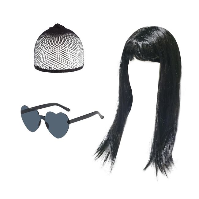 SKHAOVS Long Black Wigs for Women, Charming Long Black Wigs for Women Girls, Anime Cosplay Wig with Bangs, Synthetic Brunette Hair Wig for Daily Party Cosplay Use, with Sunglass & Wig Cap (3 Pcs)