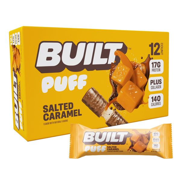 BUILT Protein Bars, Salted Caramel Puff, 12 bars, Protein Snacks, 17g of Protein, Collagen, Chocolate Protein Bar with only 140 calories & 6g sugar, Gluten Free, Great Protein Snack