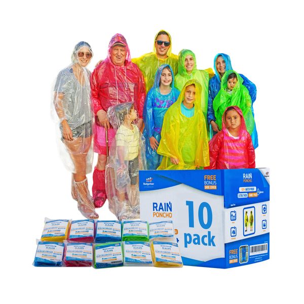 Budgetizer Rain Ponchos Family Pack Extra Thick – Shoe Covers Included 10 Pack