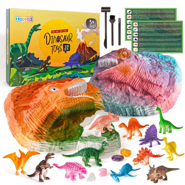 Dinosaur Fossil Digging Kit - Excavate 2 Dig Bricks and Dig up 12 Cute Dinosaurs Fun Excavation Science Kit, with Instructions Good Education STEM Gift for Boys Girls Age 6-12 (Orange + Pink)