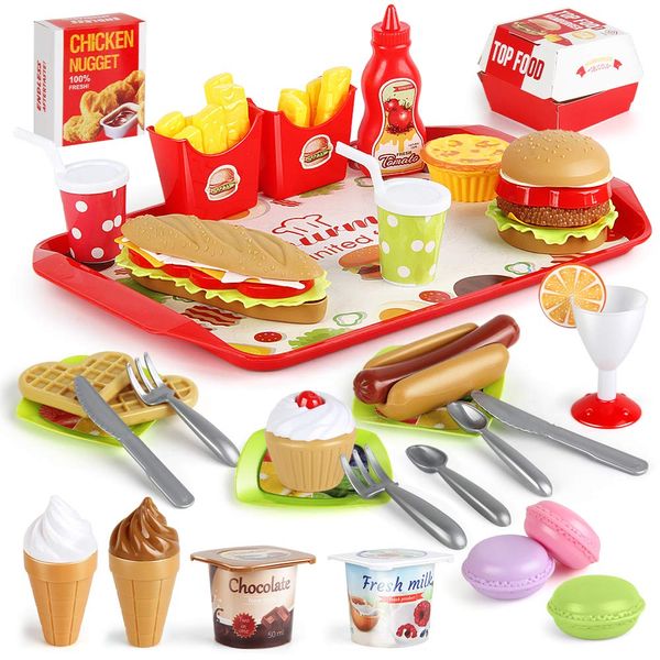 Fast Food Set 59 PCS Kitchen Toy Set for Pretend Play, Kitchen Accessories ,Removable Food Toy, Kids Toddlers Play Food Toys, Party Favor Christmas Stocking Stuffers