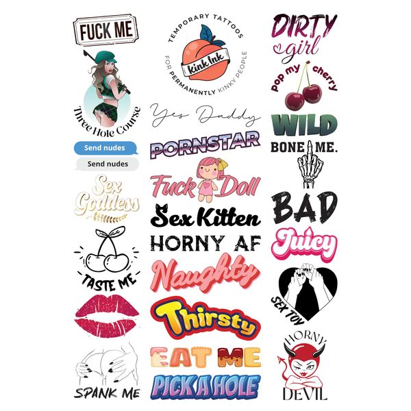 Kink Ink - 25 Kinky Adult Temporary Tattoos for Women and Men, Sexy Naughty Fun Tattoos on A4 Sheet