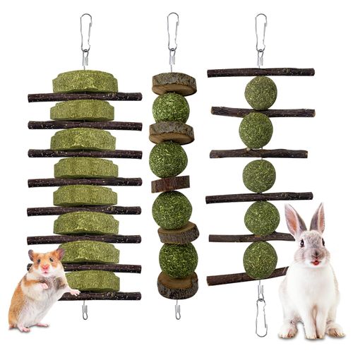 Permotary Bunny Chew Toys for Teeth Grinding,3 PCS Rabbits Hanging Chew Toys,Organic Apple Wood Sticks Grass Cake Treats Toys for Rabbits Bunnies Guinea Pigs Chinchillas Hamsters Gerbils Rats