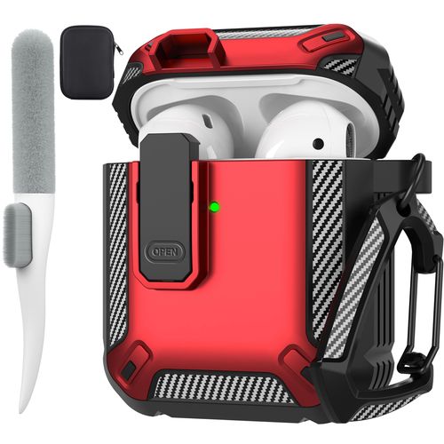 Maxjoy for AirPods 2nd Generation Case Cover, AirPods Case with Lock Gen 2 Hard Shell Rugged Shockproof Protective Cover with Keychain Cleaner Kit Compatible with Apple AirPods2 AirPods1, Red