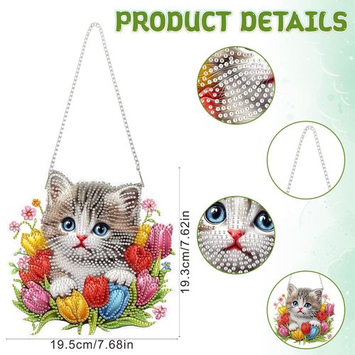 RICUVED Hanging Diamond Art Painting Kit Cat, Special Shaped Crystal Gem Craft Tulips Diamond Painting Pendant Kit for Adults Beginners, DIY Hanging Acrylic Diamond Art Ornament Kit for Home Garden
