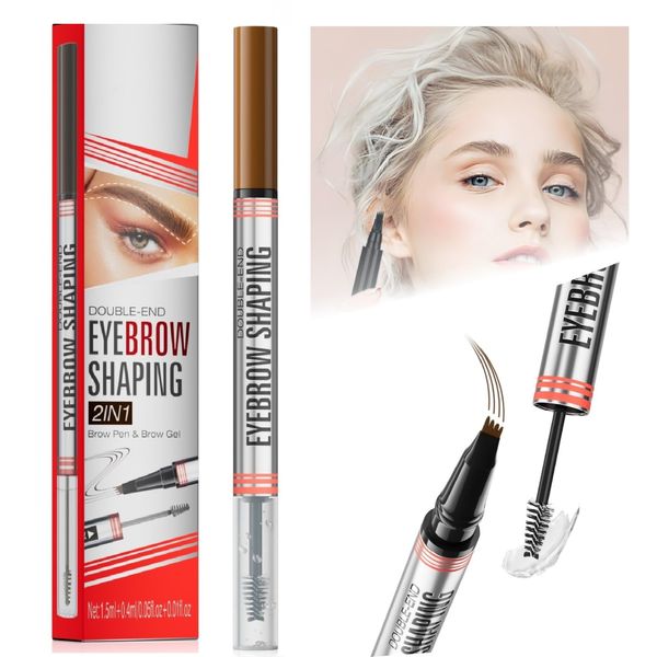 Magic Microblading Eyebrow Contouring Pencil - 2 in 1 Waterproof Eyebrow Pencil & Sealing Eyebrow Gel - 3D Makeup Fine Stroke 4 Fork Tip Brow Pencils - Long Lasting Eyebrow Pen Women (Dark)