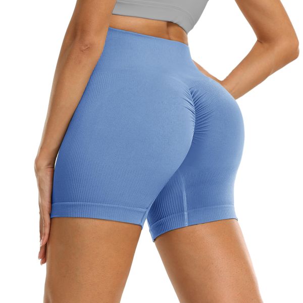 DDOBB Sport Shorts Damen Scrunch Butt Kurze Sporthose Bauchweg Gym Shorts High Waist Radlerhose Nahtlos Laufshorts Sommer Leggings für Fitness Yoga Workout(Hellblau, S-M)