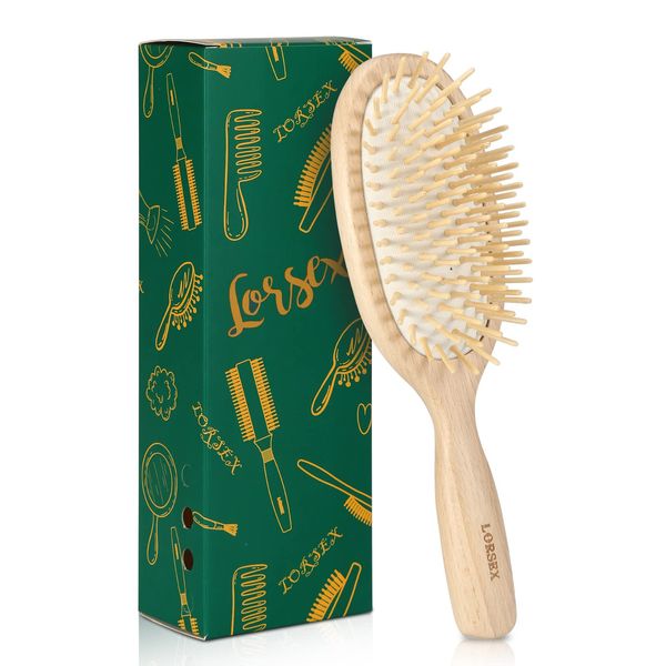 LORSEX Beech Wooden Hair Brush with Bamboo Bristle & Air Cushion, Smoothing Hair Brush for Women, Detangling Hair of Thick/Fine, Reducing Hair Breakage & Frizzy, Cleaning Tool & Travel Pouch Included