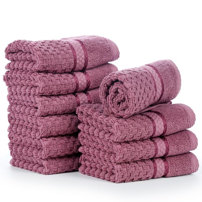 Ample Decor Grape Purple Wash Cloth Set of 10 100% Cotton - Quick Dry, Highly Absorbent, Popcorn Textured - Mulaayam Collection - 12 X 12 Inch