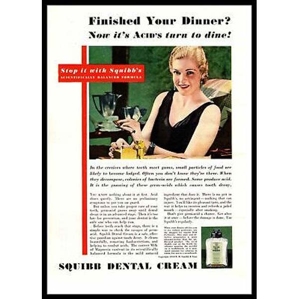 1932 Squibb Dental Cream Tooth Paste After Dinner Acid Coffee Color Print Ad