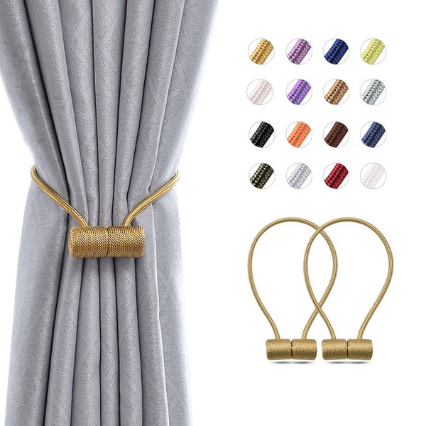 Pretty Jolly 2 Pack Magnetic Curtain Tiebacks 16 Inch Modern Handmade Weave Rope Curtain Holdbacks Convenient Decorative Curtain Drape Tie Backs for Home and Office Window Drapery (Gold)