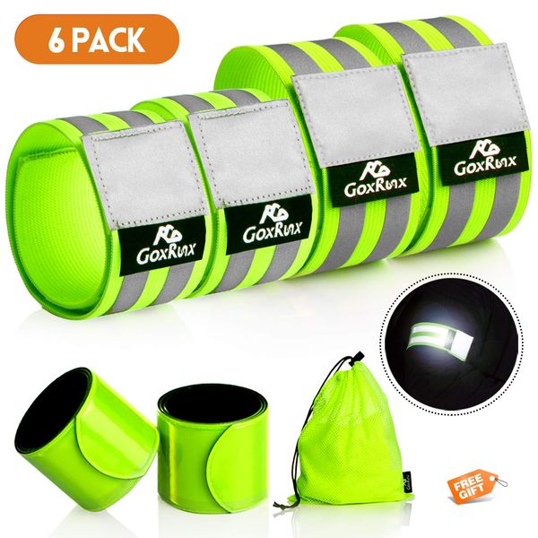 Reflective Bands Running Gear 6 Pack-Adjustable Reflective Armband Arm Wrist Ankle Leg Bands Reflectors -Reflective Tape Straps for Clothing Night Running Cycling Walking -Slap Bracelets,Green