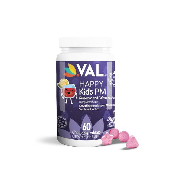 VAL Kids Melatonin Plus Magnesium, B6, Vitamin C, Bedtime Routine Supplement, Children’s Relaxation and Sleep Support for Kids 4+, Drug Free, Sugar Free, Natural Fruit Punch Flavor, 60 Chew Tabs