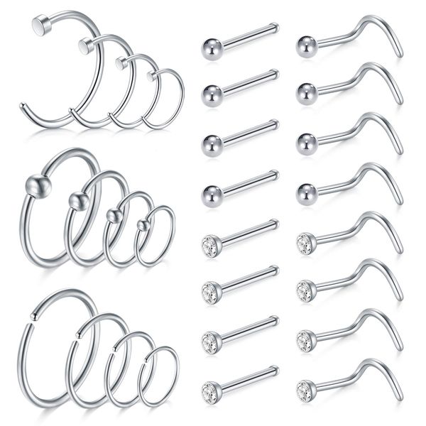 LAURITAMI 28pcs Nose Studs Silver Nose Rings Stainless Steel Thin Nose Bar Screw Hoop Set Diamond 18G 20G 6/8/10/12mm L-Shaped Nose Piercing Jewellery