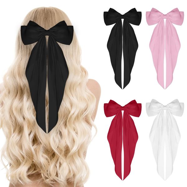 Sibba 4Pcs Satin Hair Barrette Big Bow Clips Soft Silky French Bowknot with Long Tail 90's Vintage Hairpin for Ponytail Bun Scrunchie Women Girls Dress Up Accessories Cute Gifts (Black White Red Pink)