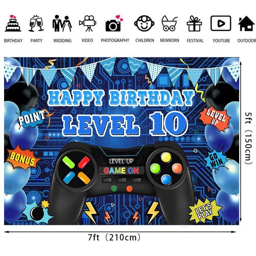 LTDKAEN Game Theme Level 10 Birthday Backdrop Video Game Happy 10th Birthday Party Decorations Level Up Theme Boys Kids Birthday Party Supplies(7×5FT)